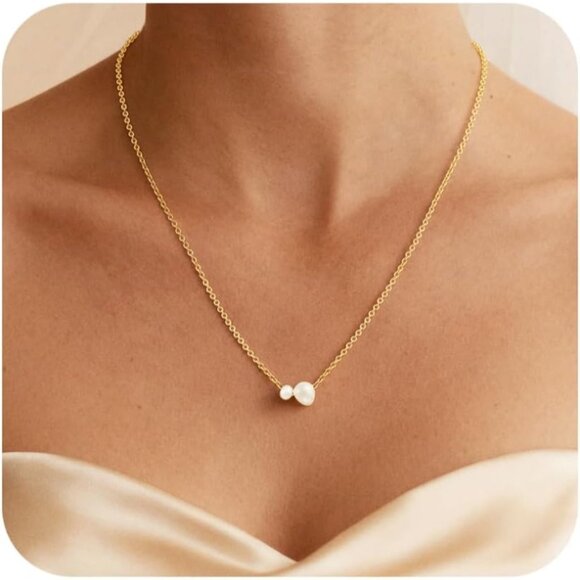 Women's 2 Gold Pearl Necklace 14k Gold Plated Dainty Pearl Necklace Choker - Picture 1 of 6